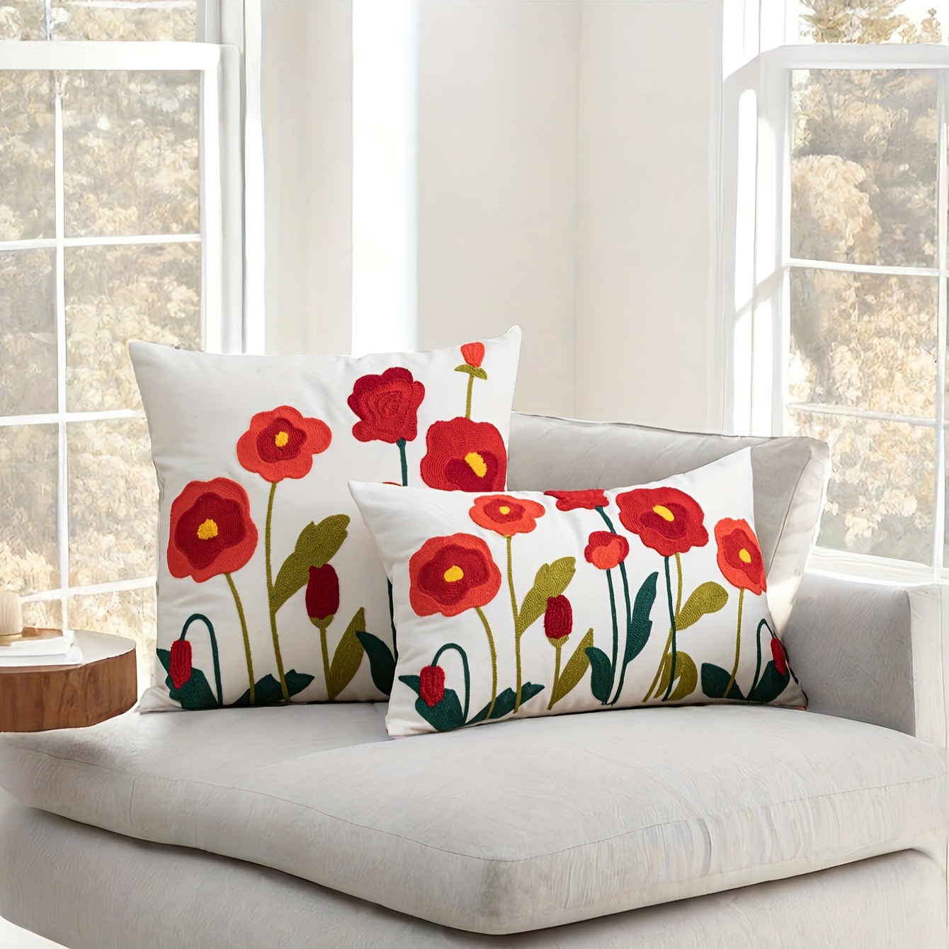 

Modern Floral Embroidered Throw Pillow Cover - Zippered, Machine Washable Polyester Cushion Case For Sofa & Living Room Decor, Fits Multiple Room Styles - 1pc (no Insert)