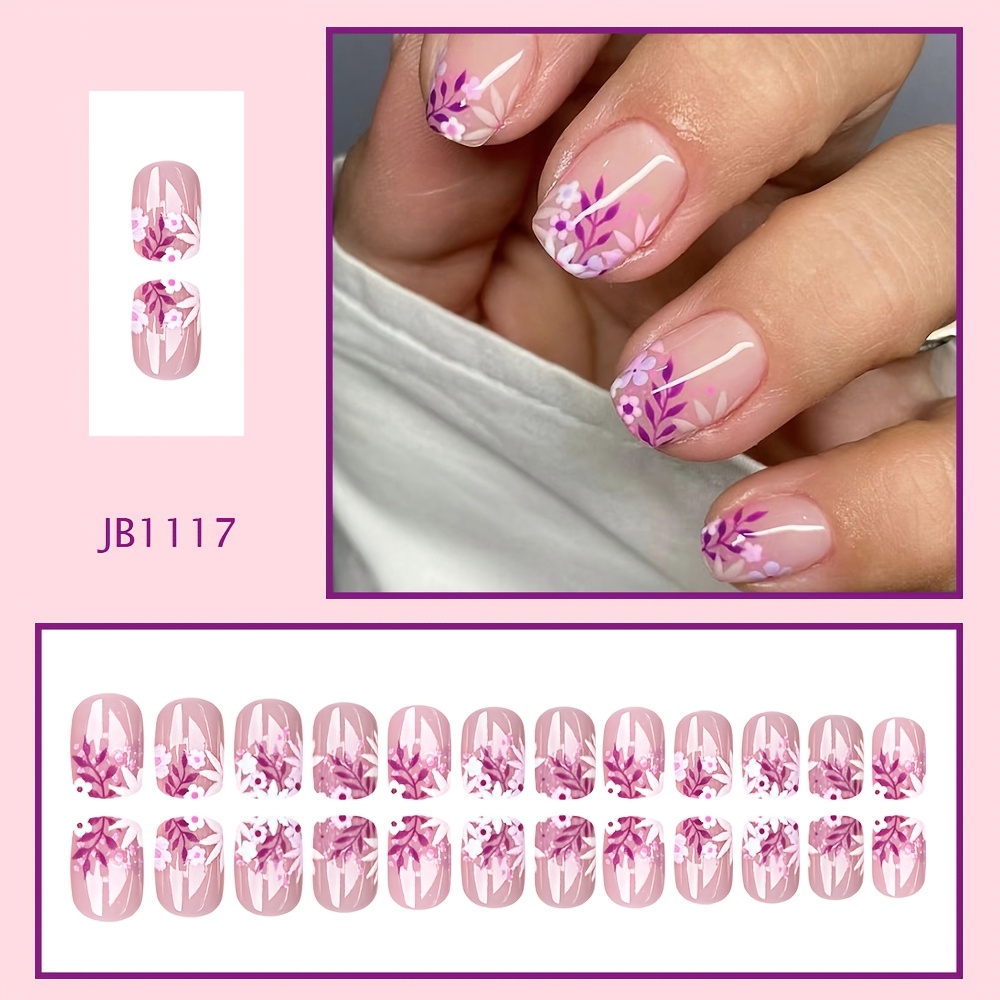 Image of 24pcs Short Square Press-on Nails Purple Flower Nail Art Tips Wearable Removable Fake Finger Nails