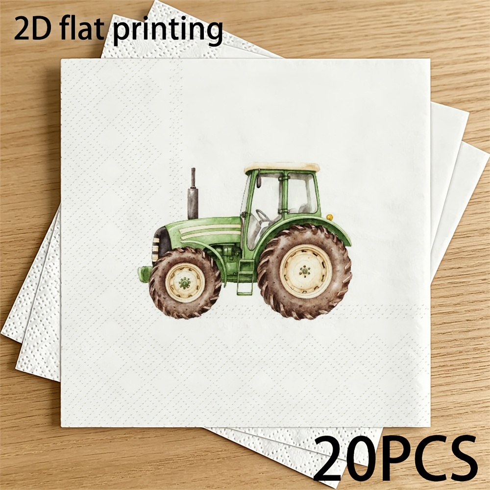 TEMU Lot de 20 serviettes fines texturées 6,5x6,5 POUCES avec imprimé tracteur vert vintage, adaptées pour les fêtes, les restaurants occidentaux, ,