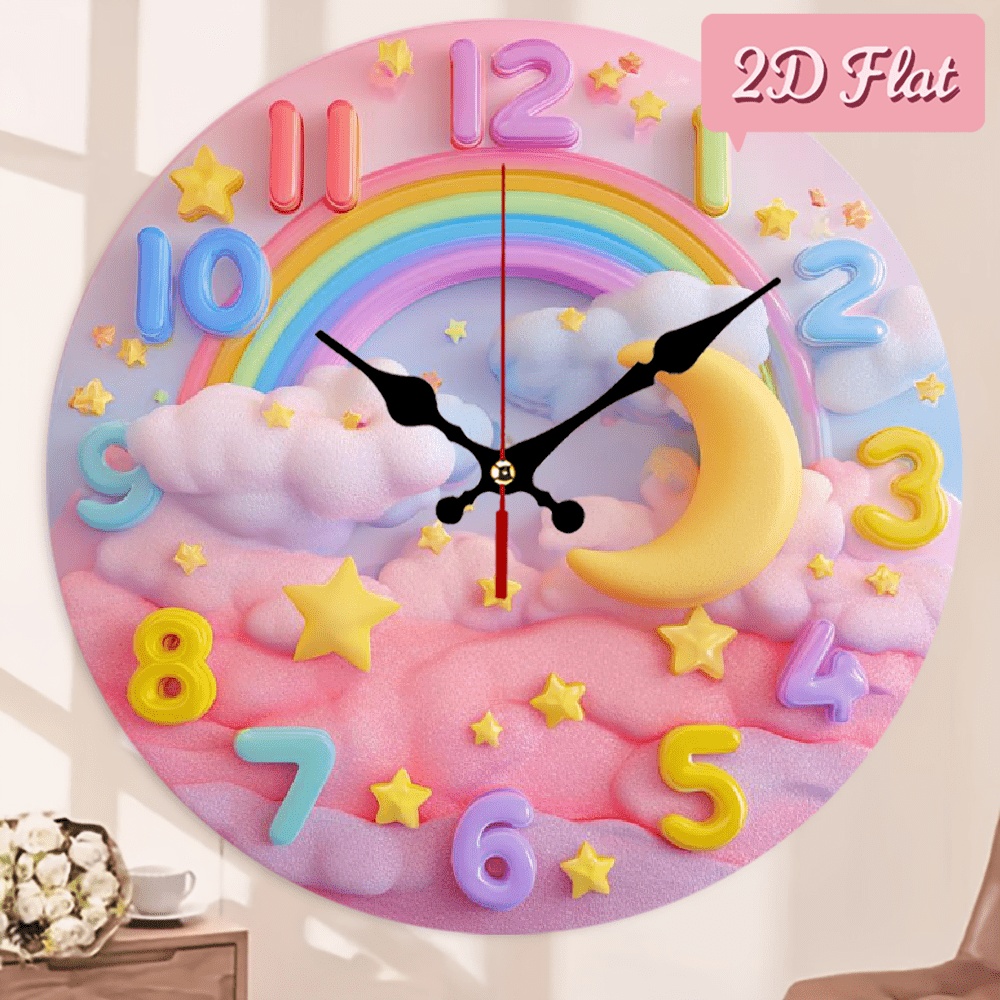 TEMU 2d Flat Pattern 10 Inch Nursery Clock, To Install Silent Nursery Clock For Rainbow-themed Nursery, Room, Bedroom Decor, Ideal Gift For Shower, ,