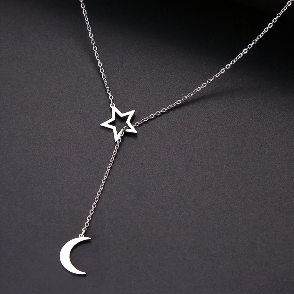 TEMU Collar con colgante de estrella y luna plateado minimalista de acero inoxidable para damas, cadena cruzada para suéter sin cierre