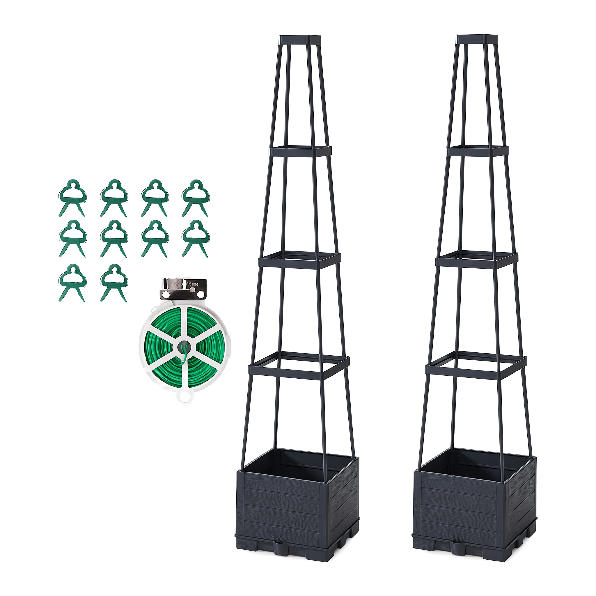 Image of 2pcs Planter Box With Plant Stand, Includes Straps And Clips, Wood Grain Plant Support, Suitable For Balcony Tomatoes And Climbing Roses