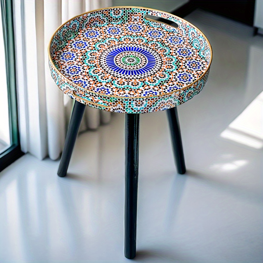 

1pc Bohemian Style Round Tray Table, 3 Wooden Legs Design, Versatile Use For Home Decor, Housewarming Gift