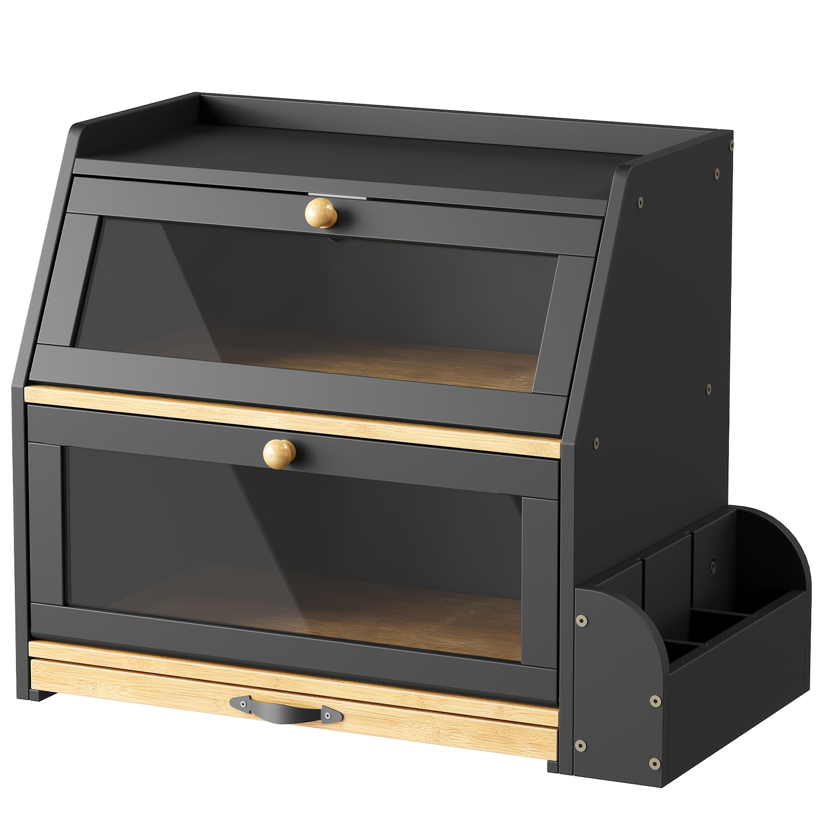 Image of High-end Bamboo Double-layer Bread Box, Bread Storage Box With Cutting Board And Cutlery Rack, 40×25×37cm, Transparent Acrylic Design, Suitable For Kitchen And Restaurant, Black