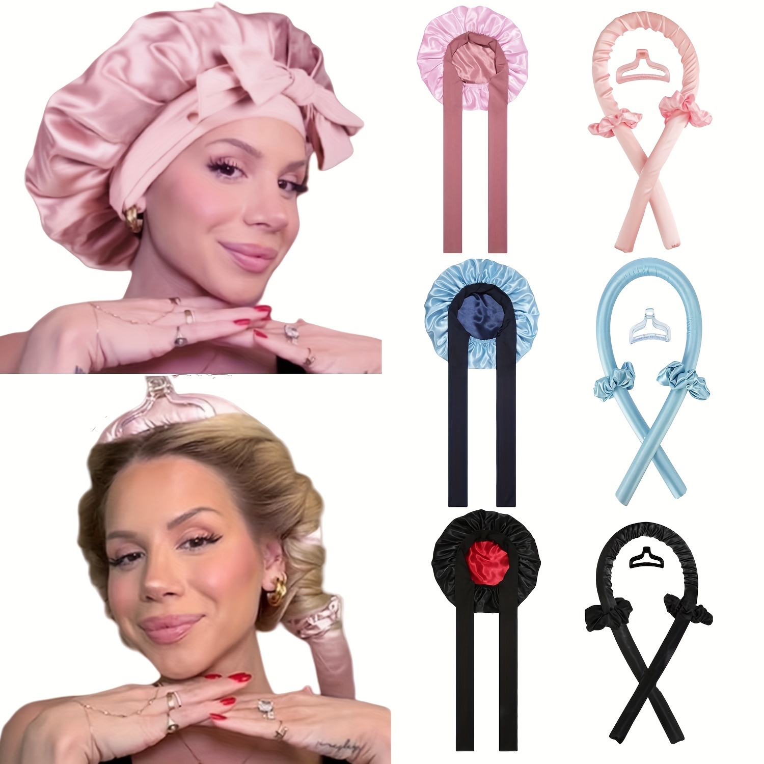 

Silk Double Layer Bonnet With Heatless Hair Curler Set, Overnight Kit To Sleep In, Satin Lined Hair Bonnet And Heatless Curls Headband For Women Natural Curly