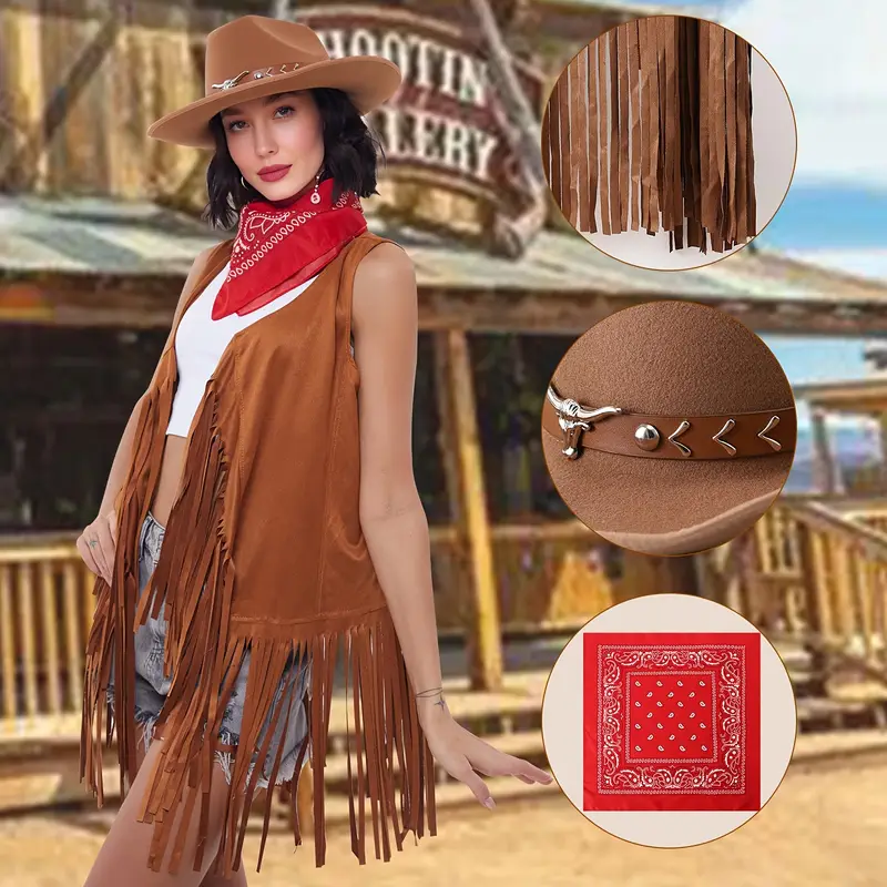 cowboy theme dress up for ladies Amazon.com: Verceco 6 PC Cowgirl Western Outfits for Women Retro Cowgirl Costumes Fringe Vest Cow Girl Hat for Women Country 70s Hippie Outits (Brown, S) : Clothing, Shoes & Jewelry