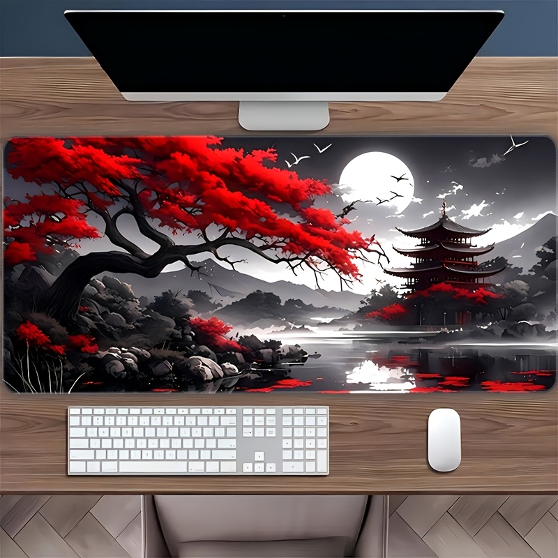 1pc Large Red Fire Style Mouse Pad - Non-Slip, Washable, Vibrant Red & Design with Japanese-Inspired Landscape, Perfect for Halloween & Christmas Gifts
