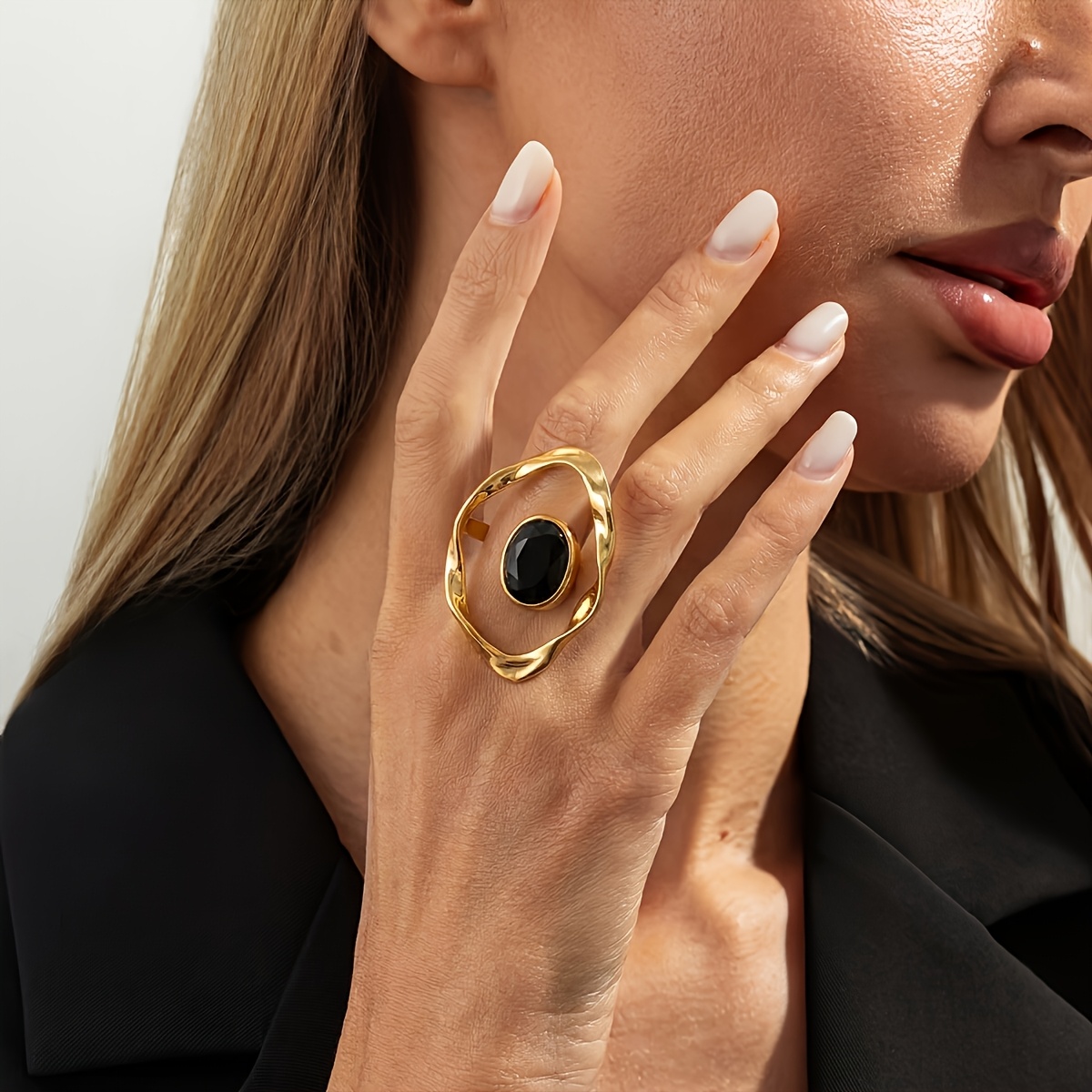 TEMU Anillo de 1 pieza para mujer con ondulado irregular, ondulada de metal, simulada negra y plateada, diseño retorcido, estilo vintage, para