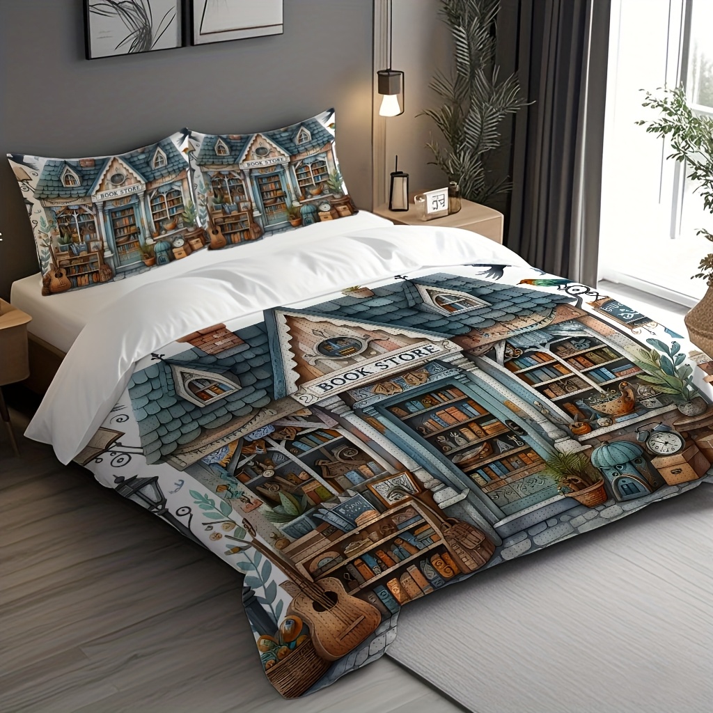 E-shop 3-teiliges Bettbezug-Set, Cartoon-Buchladen-Musterdruck, lässiger Entertainment-Stil, inklusive 1 Bettbezug, 2 Kissenbezüge (Kissenfüllungen