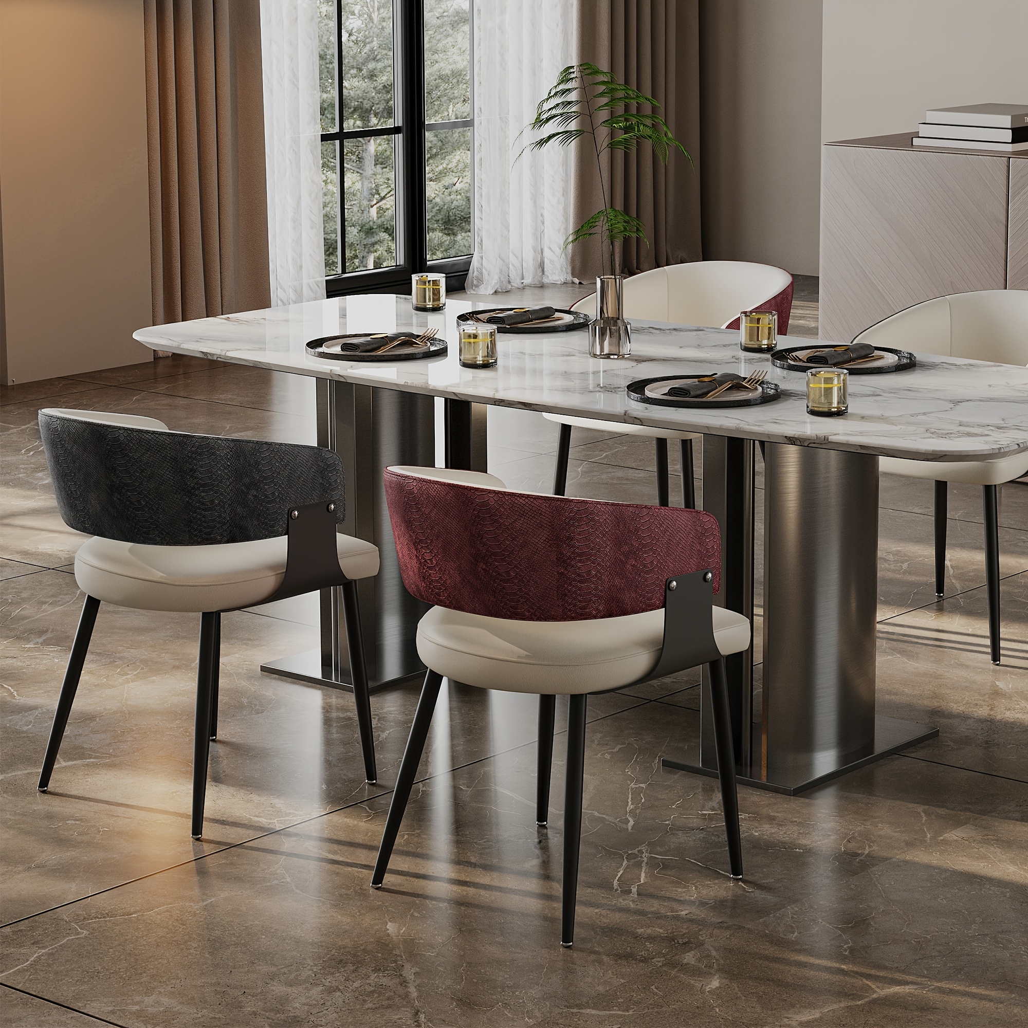 AESOME Mid-Century Dining Chairs Set of 2 Crocodile-Textured Back Upholstered Kitchen Chairs for Living Room Lounge, Luxury Microfiber Faux Leather Dining Room Chair, Easy Assembly (Chairs Solely)