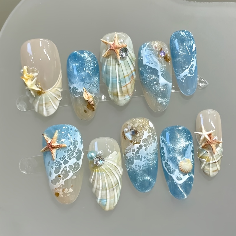 TEMU 10 Stk. mittel-lange Mandelförmige Press-On-Nägel, Blaue Ozeanwelle Muschel Seestern 3D-Design, glänzende, vollständig abdeckende Kunstnägel,
