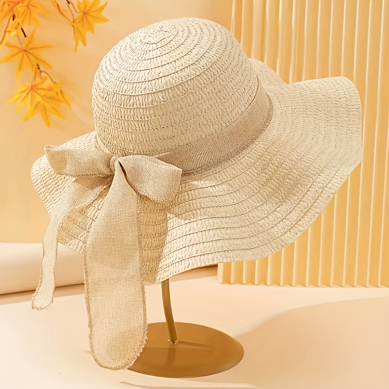 E-shop Eleganter Wellenrander Streifen Schleifen Strohhut, Strand Outdoor Sonnenschutz und Sonnenhut, Küstenreise Urlaub Sonnenhut