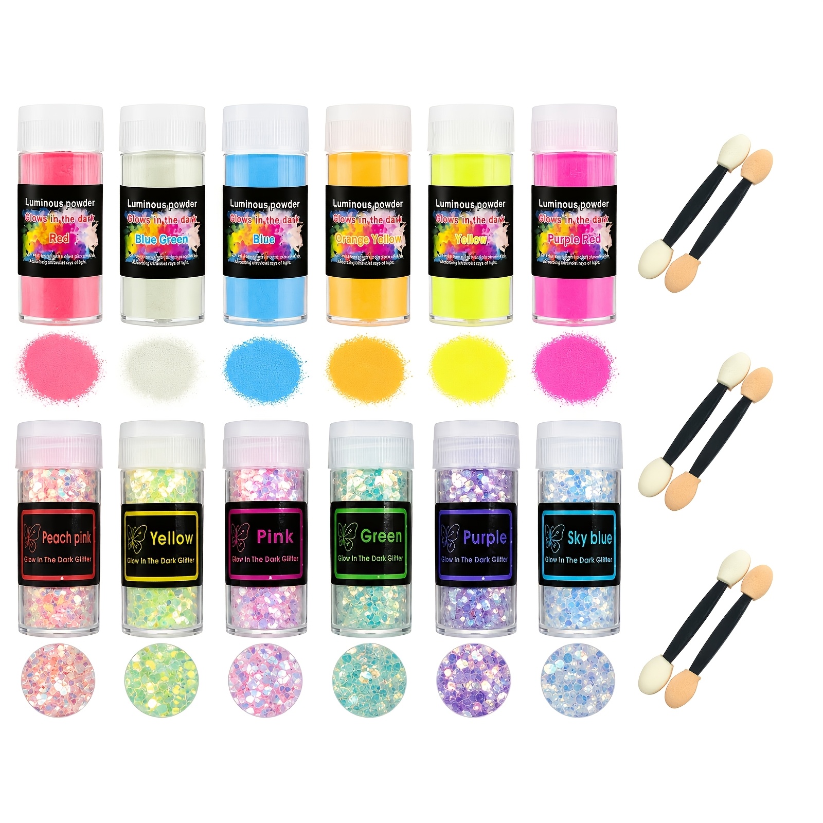 TEMU [Pour professionnel] Lot de 18 pigments pailletés luminescents (12 couleurs + 6 pinceaux) Pigment fluorescent néon activé par UV, convient pour