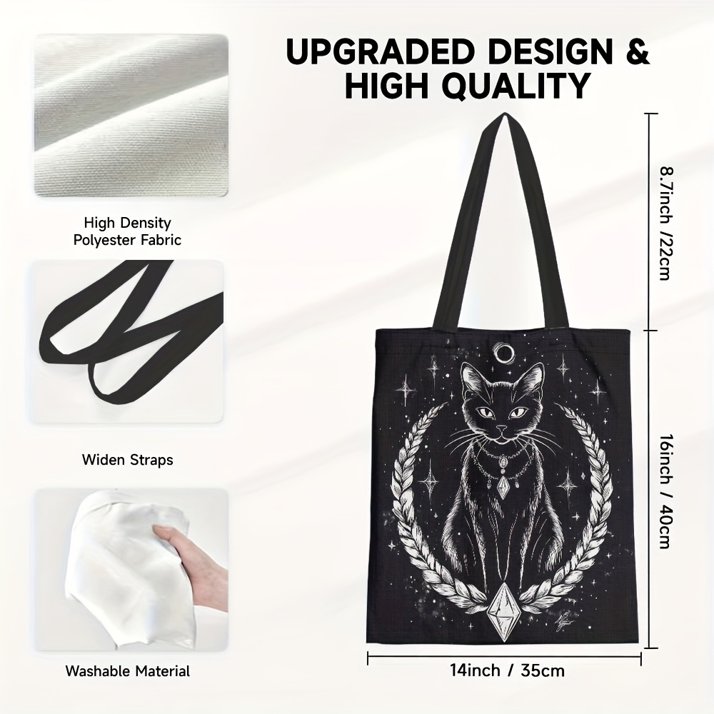 TEMU 1pc Stylish Black Cat & Canvas Tote Bag – High-quality Shoulder Handbag With Starry Night Design, Perfect For Shopping, Work, Or Everyday Use