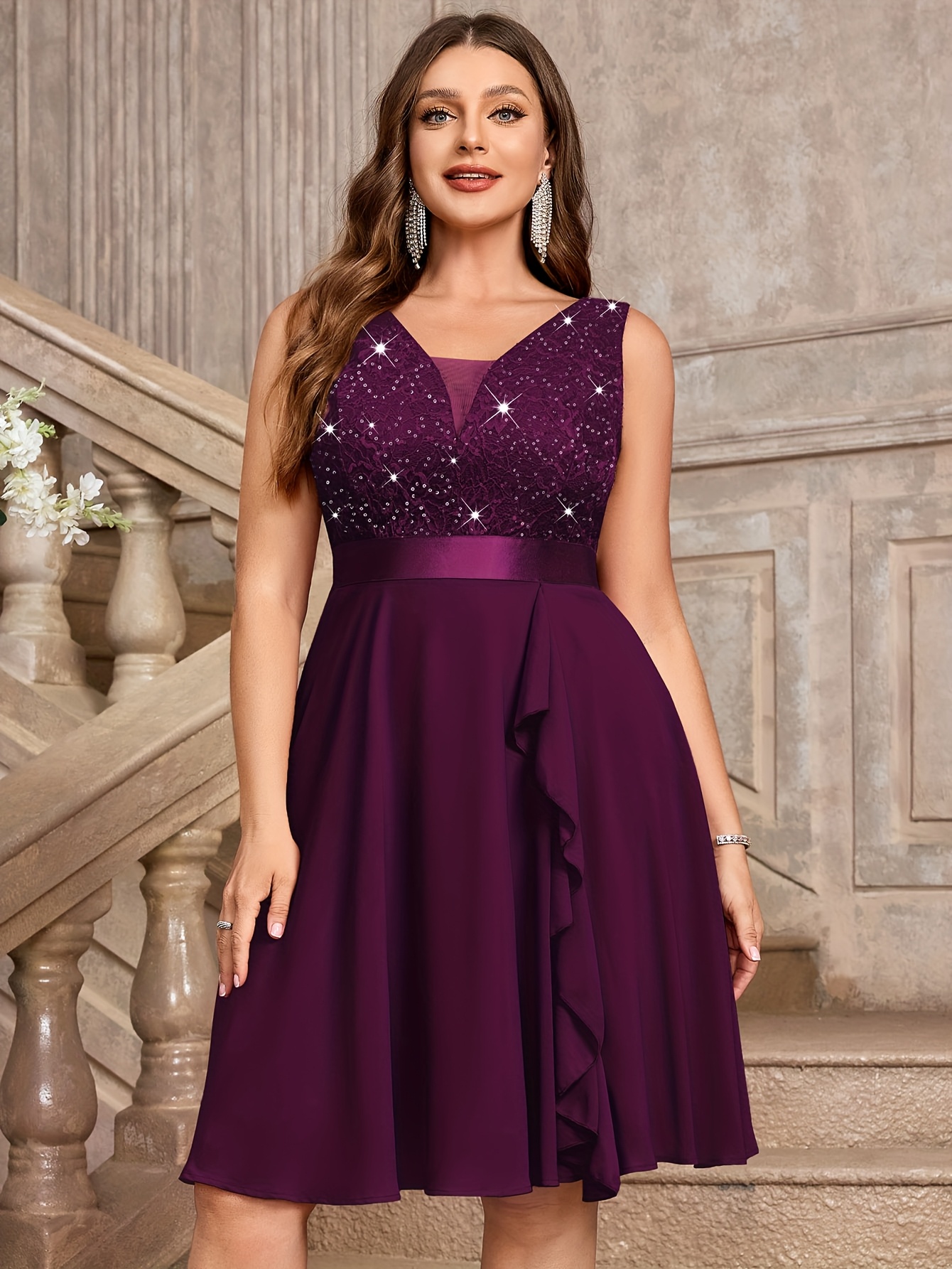 knee length dresses for ladies Classic Sleeveless Lace Overlay Chiffon Asymmetrical Mother of the Bri main image 0