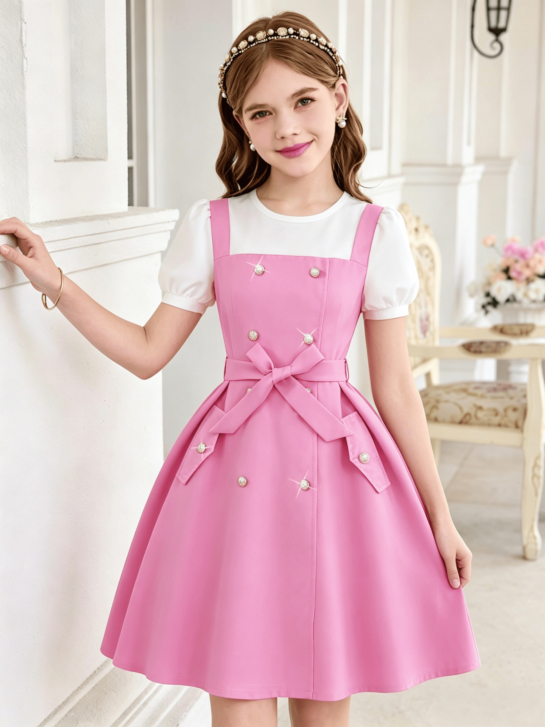 New Ss26 Fashion Soft Summer Dress Valentine'S Day Pink Dress Puff Sleeves  * Sleeves Round Neck * Fashion Dress! Suitable for 8-12 Year Old Girls,  Double-Breasted + Bow Belt Adds Sweet Elements