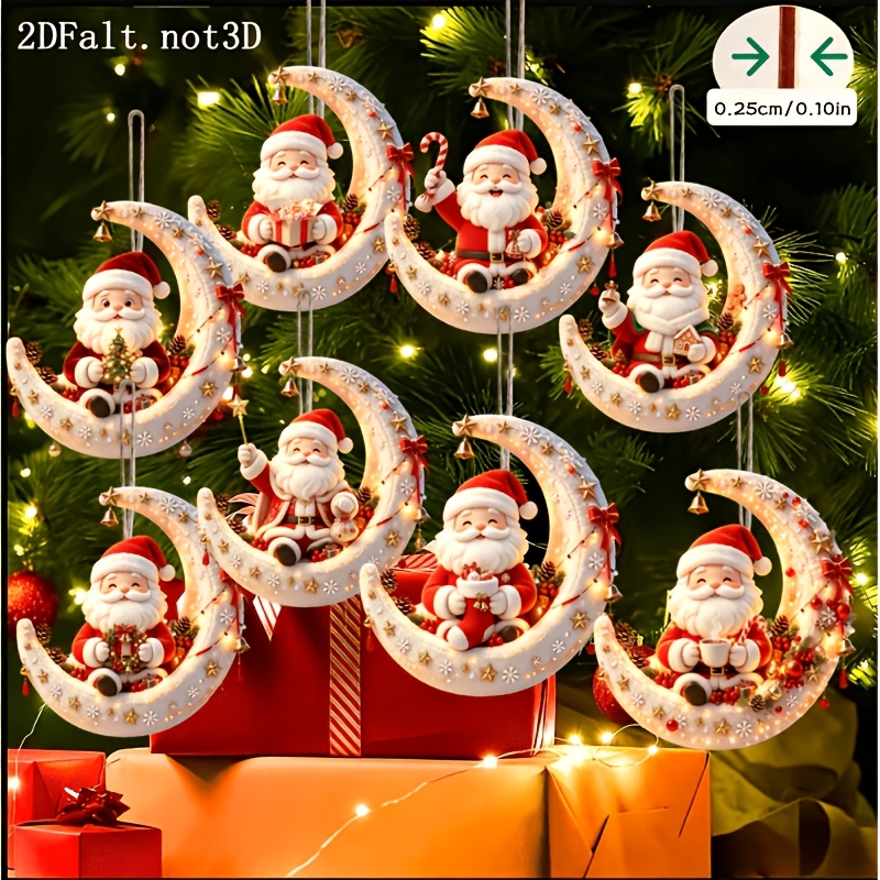 TEMU 2d Flat, 8pcs Set, 2d Embossed Wooden Home Hanging Ornaments, Christmas, Mother's Day, Father's Day, Santa Claus Sitting , Holiday Pendants,