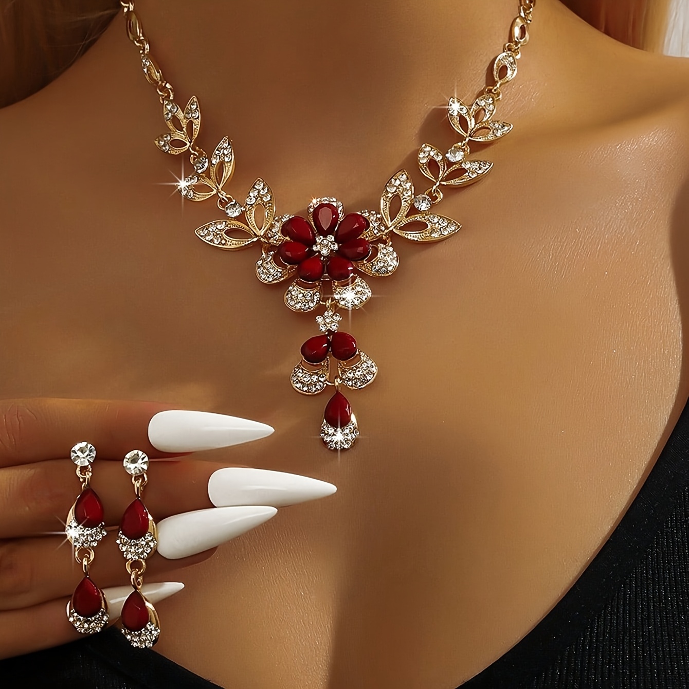 TEMU Rhinestone Flower Water Drop Earring Necklace Set Vintage Court Style Temperament Clavicle Chain High-end Sense Necklace Ear Jewelry Set