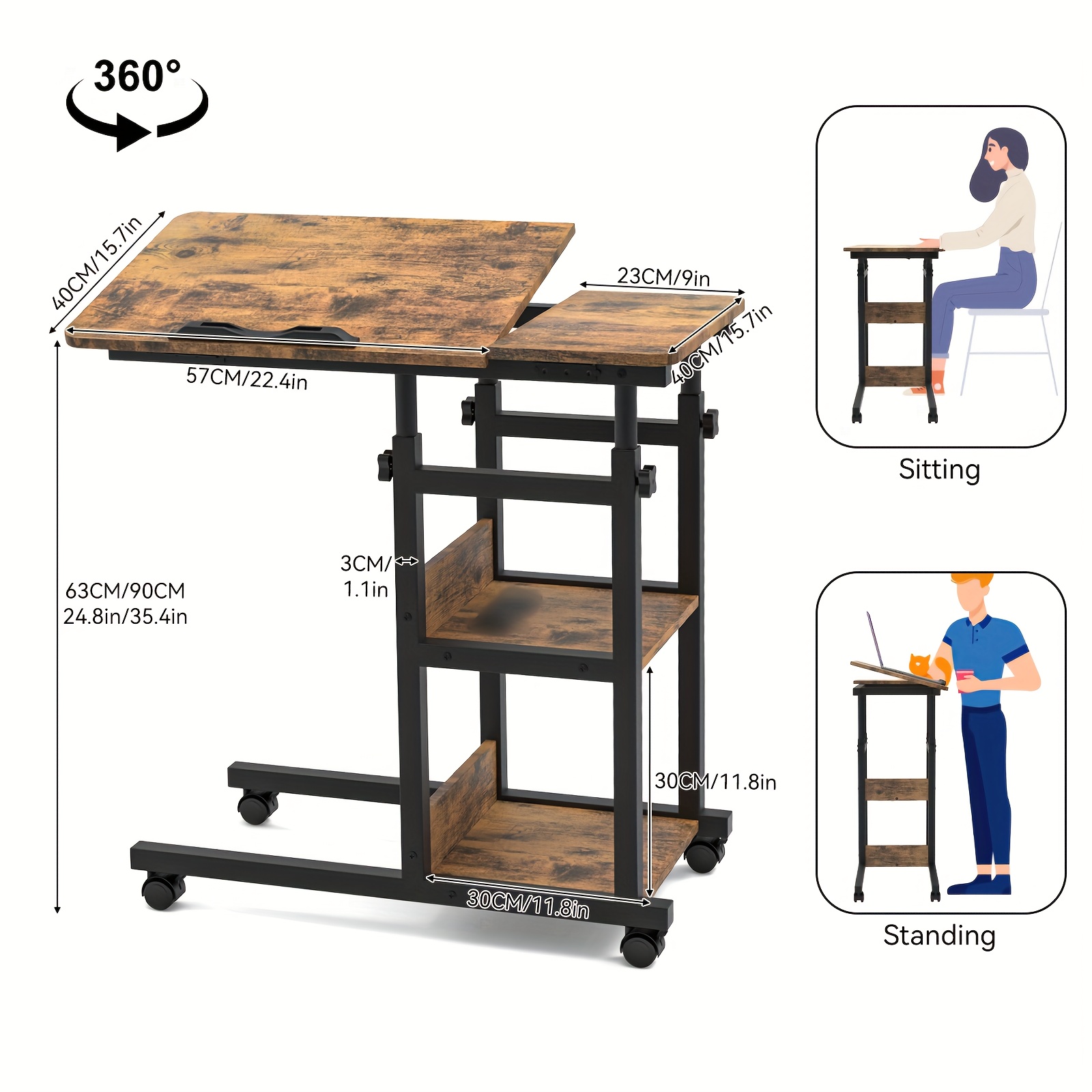 Height-adjustable Laptop Table - Freestanding Study Table With Storage Shelf, Suitable For Study And Living Rooms, 80 X 40 -90 Cm, Brown