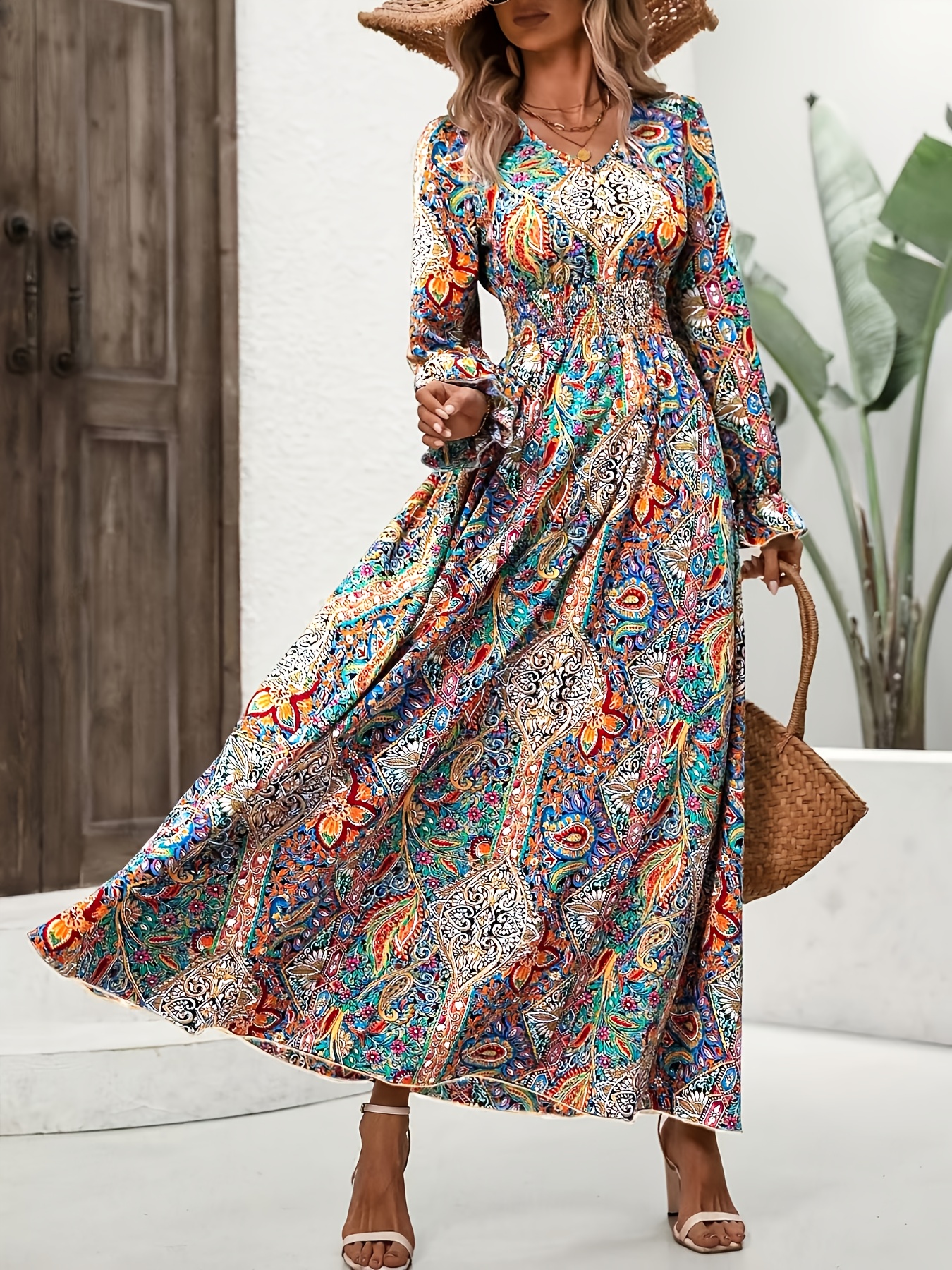 Linen Pants W Lane Women's Clothes Paisley Print Shirred Waist Dress,  Boho High Neck Long Sleeve Dress