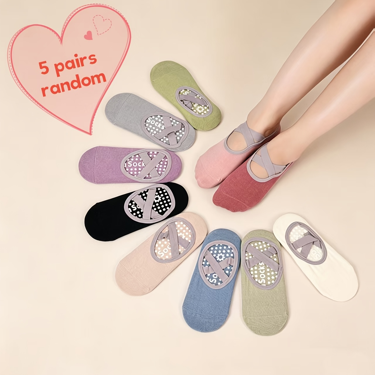 TEMU Random 5 Pairs Mixed Colors Yoga Socks Women's Short Socks Professional Anti-slip Silicone Indoor Fitness Dancing Beginner Socks