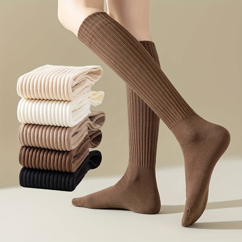 

5 Pairs Solid Ribbed Calf Socks, Simple College Style All- Knee High Socks For Fall & Winter, Women's Stockings & Hosiery