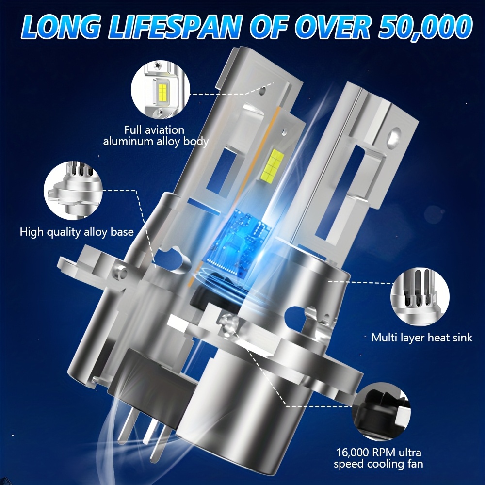 Комплект от 2 броя H4 H7 H11 9005/HB3 9006/HB4 H1 LED автомобилни крушки за дълги светлини, къси светлини или фарове за мъгла, с мощност 250W и яркост 60000LM, оборудвани със супер ярки 3570 CSP чипове, излъчващи 6000K бяла светлина, лесни за инсталиране, без батерия