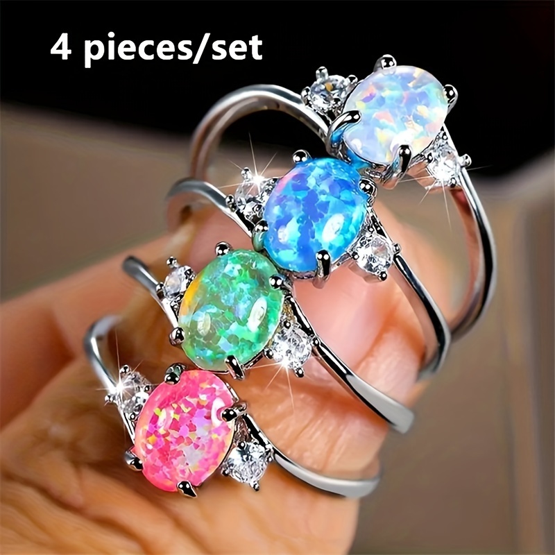 

4 Exquisite Oval Artificial Opal Rings - Neutral Design For Men And Women - Romantic Engagement And Wedding Rings - Of Charm For Her - Birthday, Anniversary, Party Or Bride-to-be