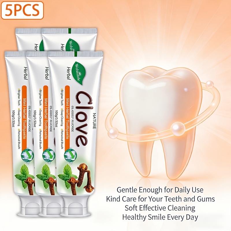 5pcs Clove Mint Herbal Toothpaste with 0% Added Fluoride for Fresh Breath