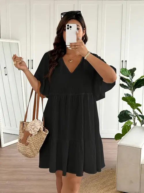 Plus Size - Plus Size - French * Plus Size Daily Vacation Textured * V-Neck Loose A-Line Skirt, Women'S Summer Wear, Sun Dress Plus Size - Plus Size - French * Plus Size Daily Vacation Textured * V-Neck Loose A-Line Skirt, Women'S Summer Wear, Sun Dress