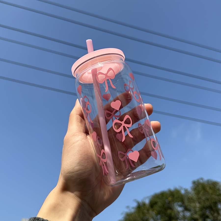 

16oz Pink Bowknot Print Travel Mug With Straw & Lid - Bpa-free Plastic Coffee Cup, Gifts On Valentine's Day & Day