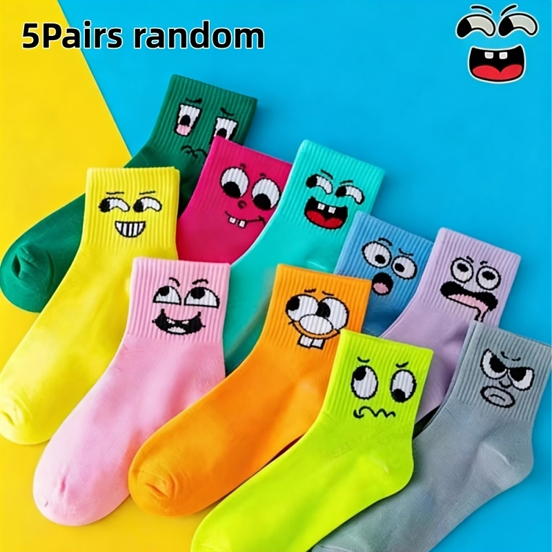 TEMU Random 5/6 Pairs, Women's Candy-colored Mid-calf Socks, Cute Socks, Cartoon Patterns, Comfortable And Skin-friendly