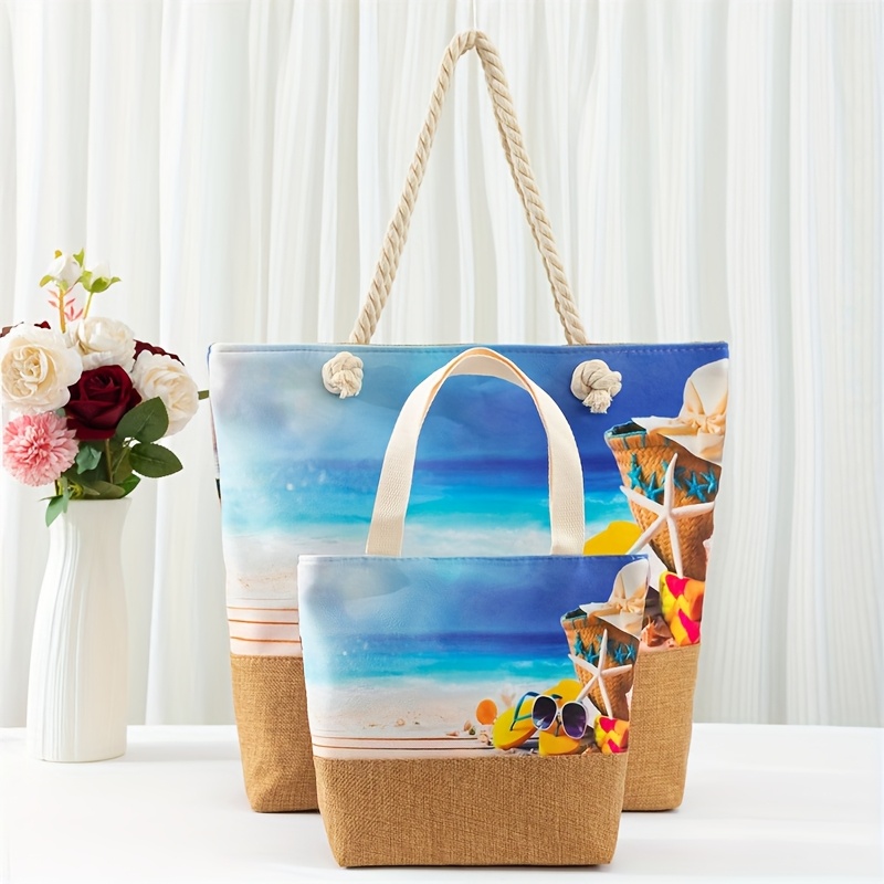 Image of Set Of 2 Spacious Women's Beach Bags, Perfect For Carrying Items, Reusable Shopping Tote Made Of Canvas, Ideal For Summer