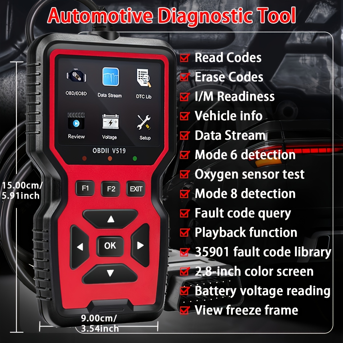 professional car scanner diagnostic tool suitable for reading vehicle codes clearing fault codes 35901 trouble code library real time oxygen sensor tester battery voltage reading mode 6 8 detection Product details 1