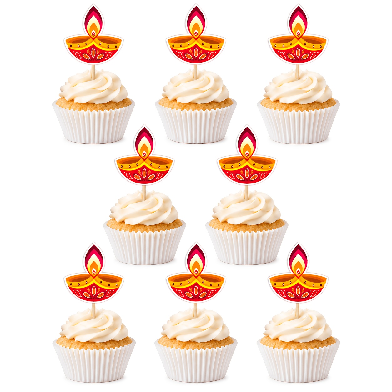 TEMU 1 Set de décorations pour cupcakes de lampe à huile de Diwali, motif de de lampe à huile colorée traditionnelle, décoration de table à dessert