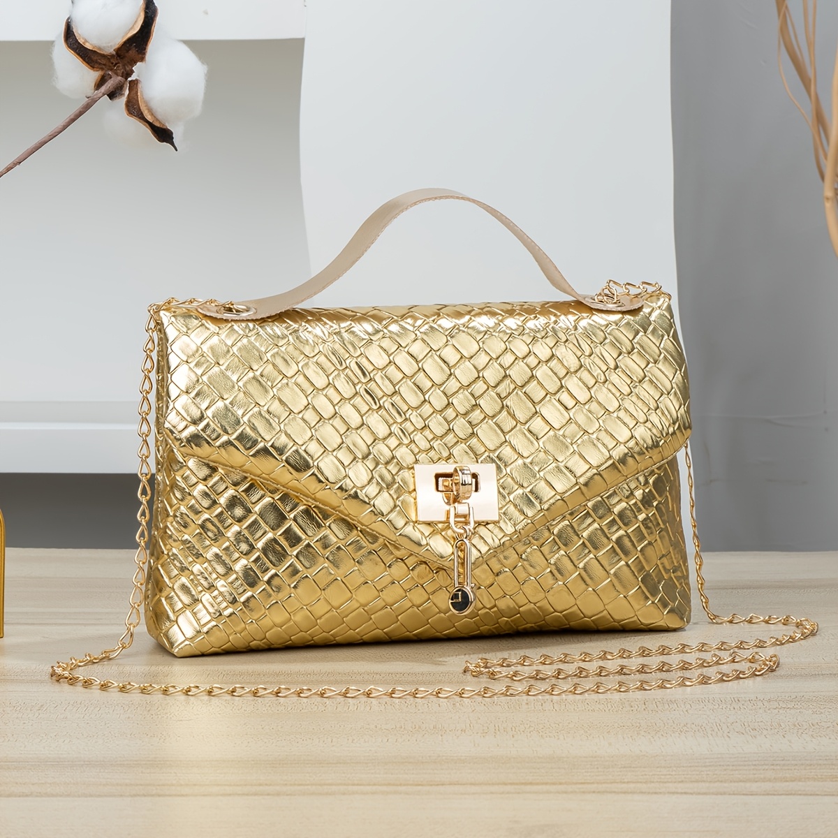 TEMU For, Women's Crossbody Bag, New European And Bag, Fashionable Portable Storage Bag, Checkered Weave Texture Pu Evening Bag, Solid Color Flap