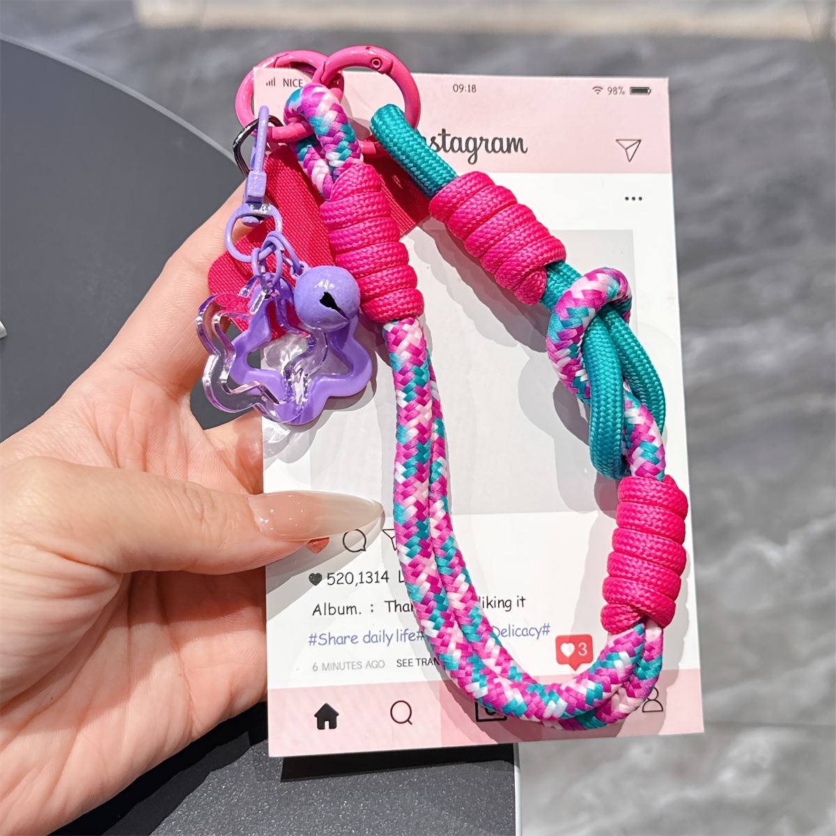 TEMU 1pc Dual-color Dual-function Short Wrist Strap | Anti-loss Polyester Fiber Phone Lanyard With Star Pendant Charm For Outdoor Hiking, Unisex