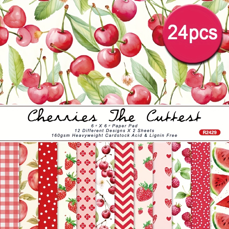 

24pcs 6x6 Inch Cherry Red Fruit Summer Aesthetic Scrapbook Papers, Single-sided Scrapbook Decoupage Paper Pad For Diy Crafts Journaling Scrapbooksupplies Gift Wrapping Album Art Decorative Craft Paper