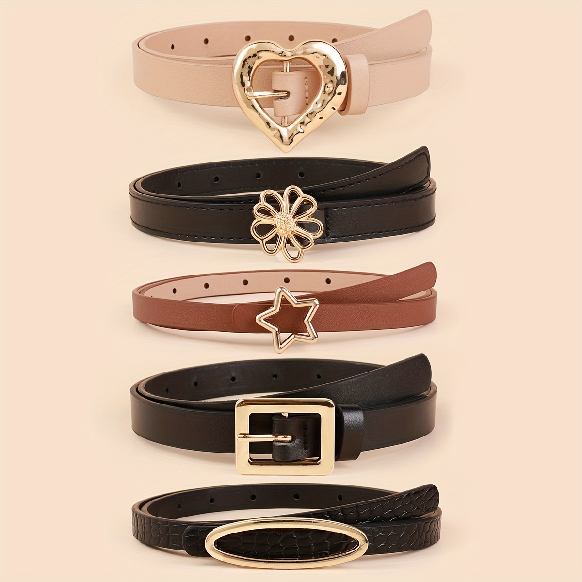 5pcs Skinny Thin Belts Women Solid PU Leather Classic Dress Belt