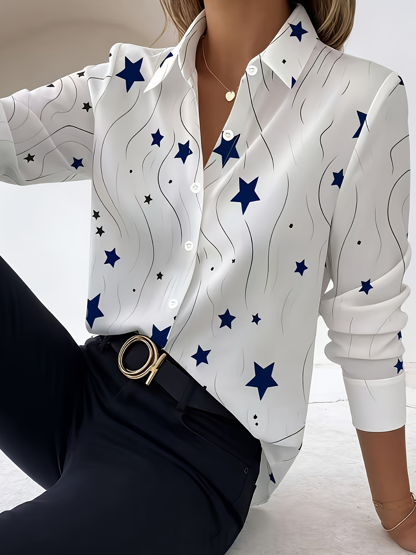 TD0102001 Blusa Elegante para Mujer con Estampado de Estrella de Cinco Puntas, Camisa de Manga Larga, Top Profesional