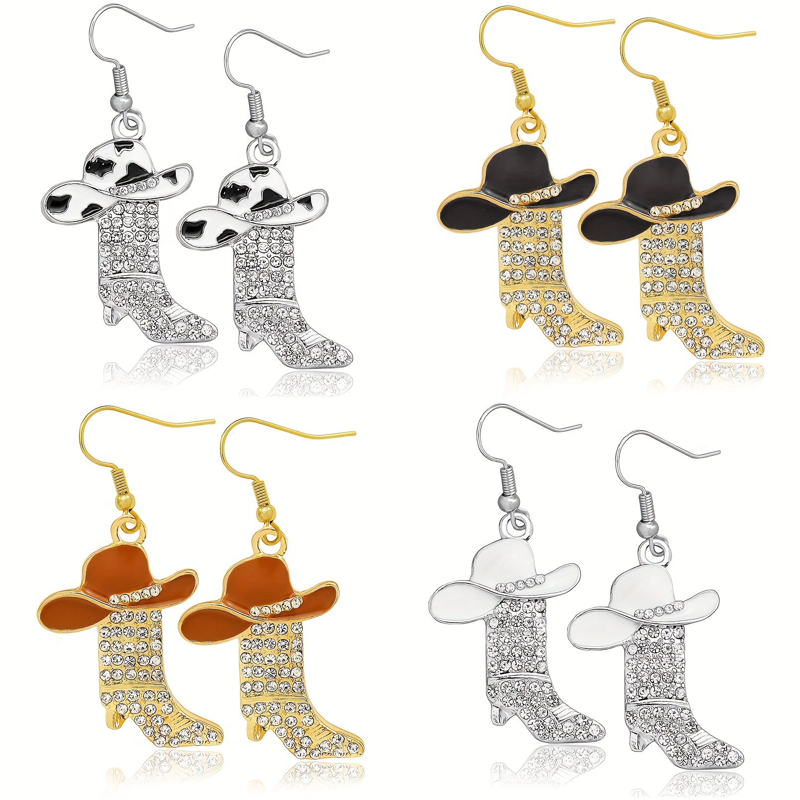 

Rechicgu Western Boot Cowboy Hat Drop & Dangle Earrings With Rhinestones, Silver Plated Alloy, Synthetic Stones, Classic Style For Mardi Gras, Daily & Party Wear, Nickel-free Hooks