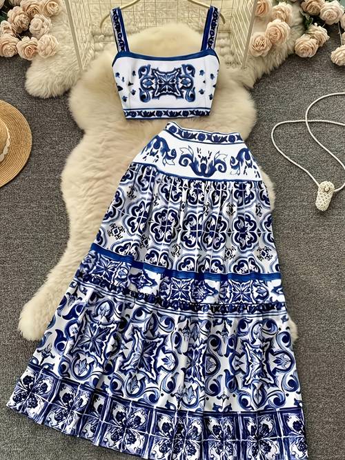 circle elegant special 2025 spring summer show blue and white porcelain two piece womens floral print short top dress set