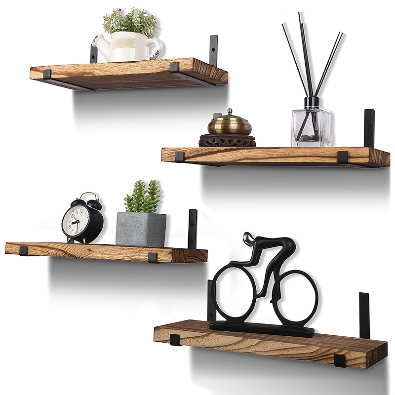 

4pcs Rustic Wooden Floating Shelves Set, Wall Hanging Storage For Bathroom, Kitchen, Bedroom, Living Room - Family Theme, Natural , Mounting