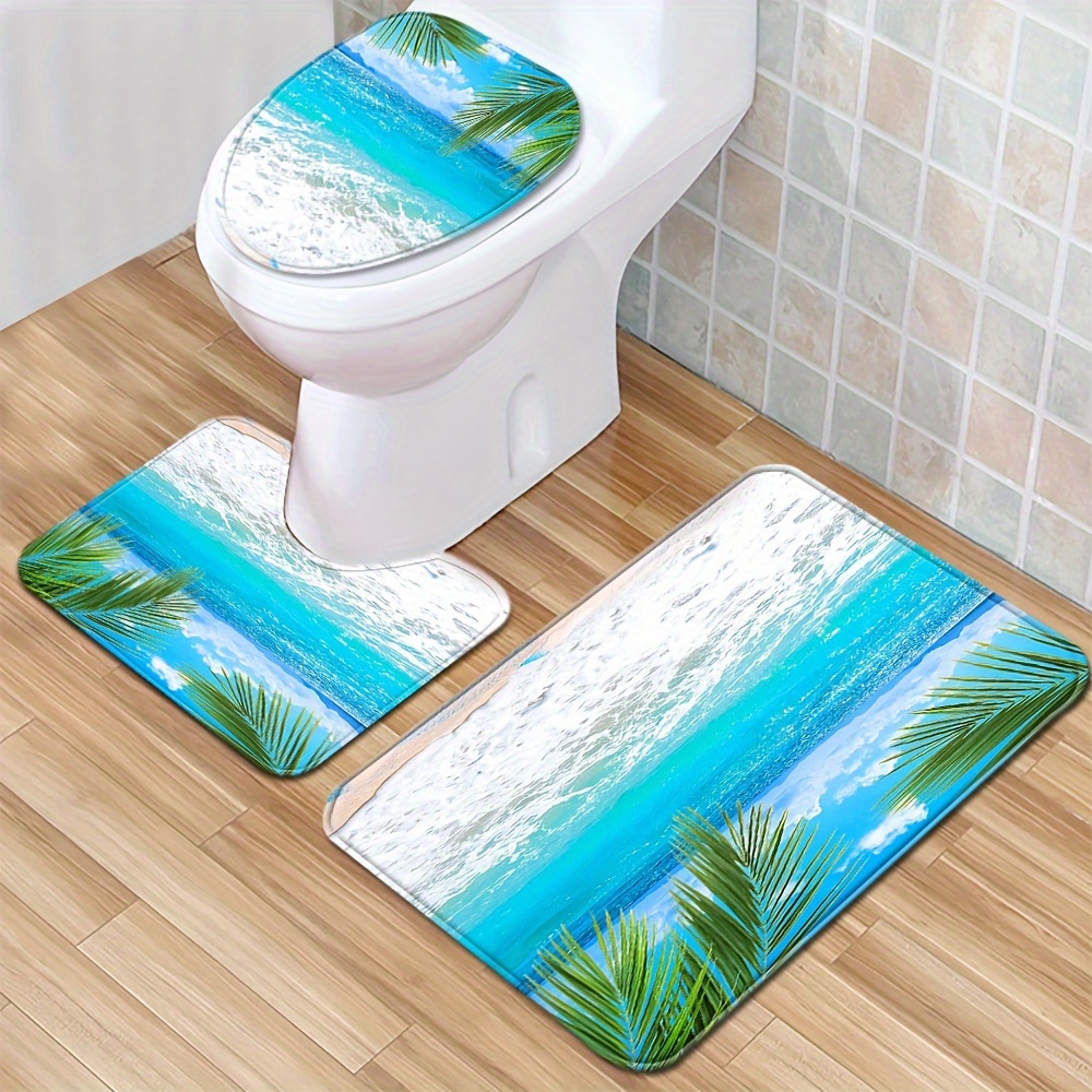 

1/3pcs Beach Coconut Tree Floor Mat Set Toilet Cover Toilet Carpet Toilet Water Absorbent Door Mat Bathroom Three-piece Set Anti-slip Mat Decoration