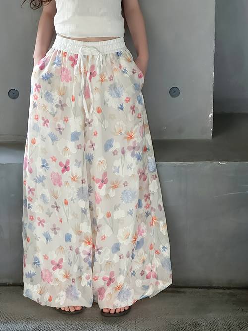 girls floral wide leg pants cute casual loose trousers for summer elastic waist high waist ages 8 15 daily casual festive style trousers for outdoor