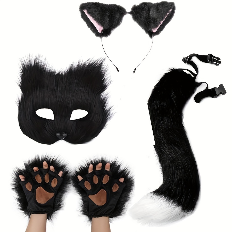 

4pcs Set Tail, Wolf , And Fluffy Paw Gloves - For Halloween, Christmas Parties, And