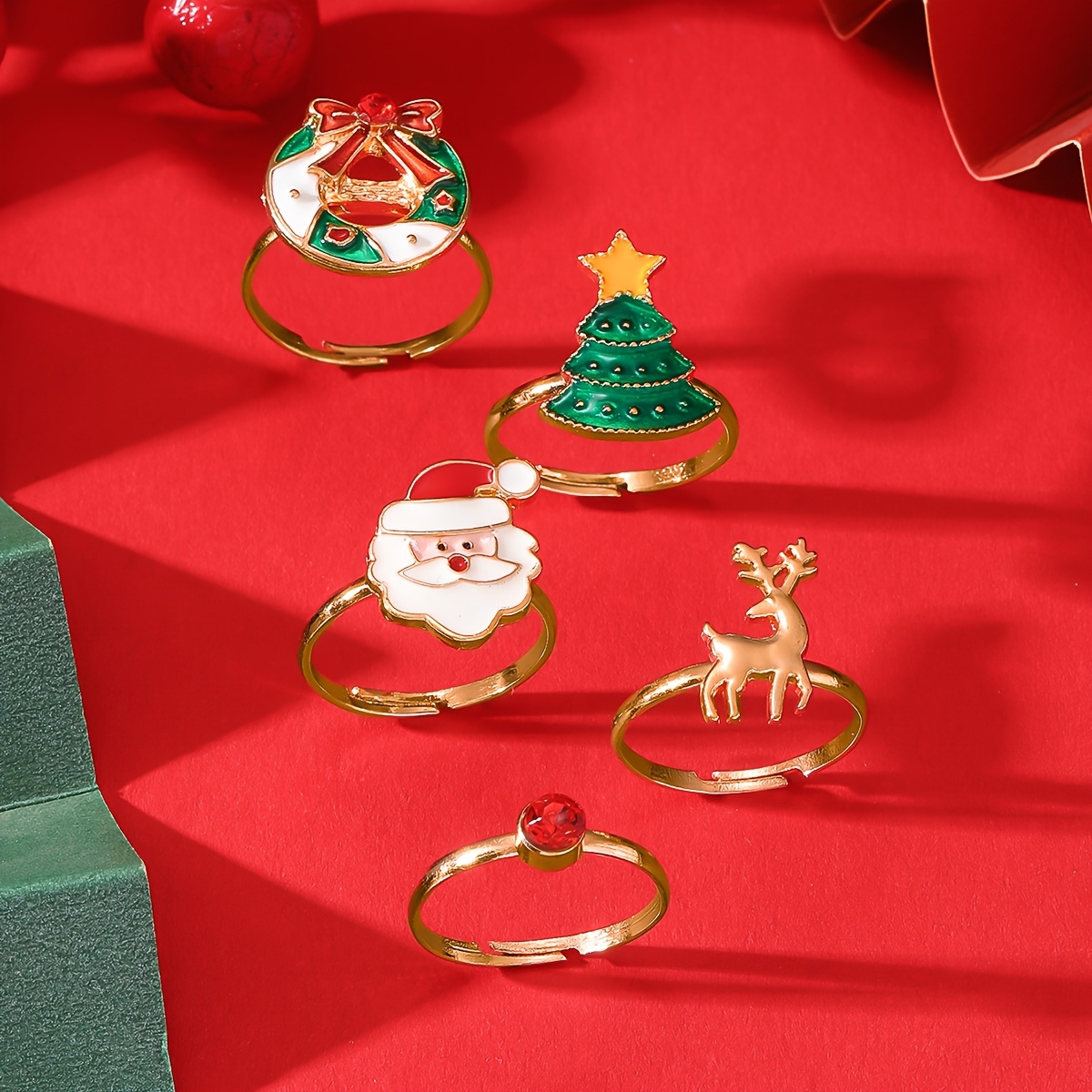 5pc Christmas Elk Ring Set, Retro Style