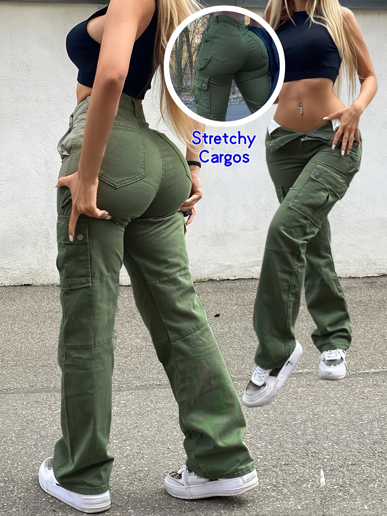 women's high-waist stretch fit cargo pants, y2k street solid