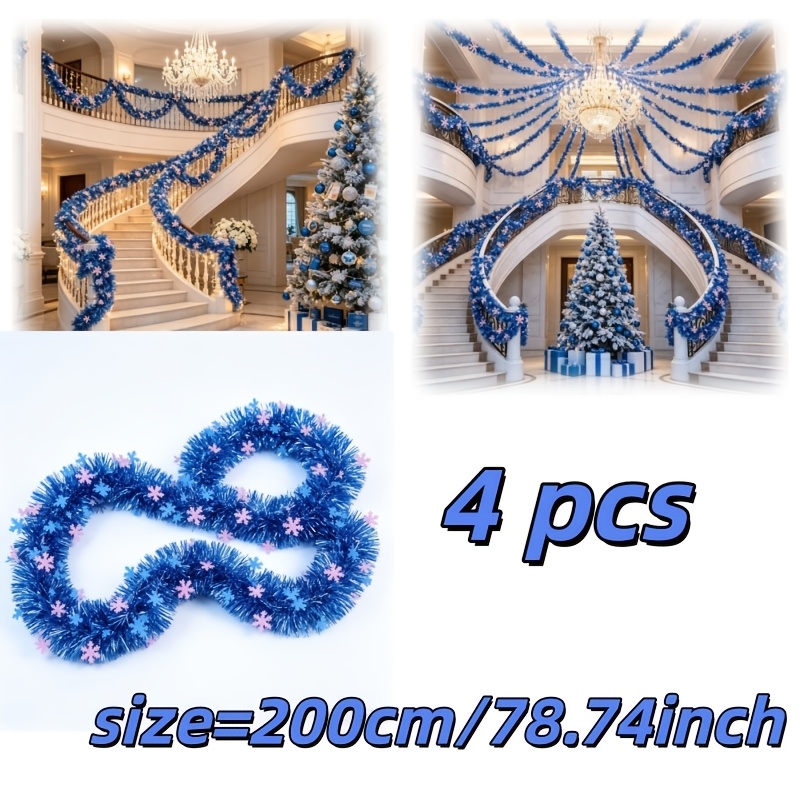 TEMU 4pcs = 8 Meters Blue Snowflake Christmas Scarf Ribbons, Shiny Metallic Texture Christmas Tinsel, Indoor Holiday Decor, Stair Railing Fireplace