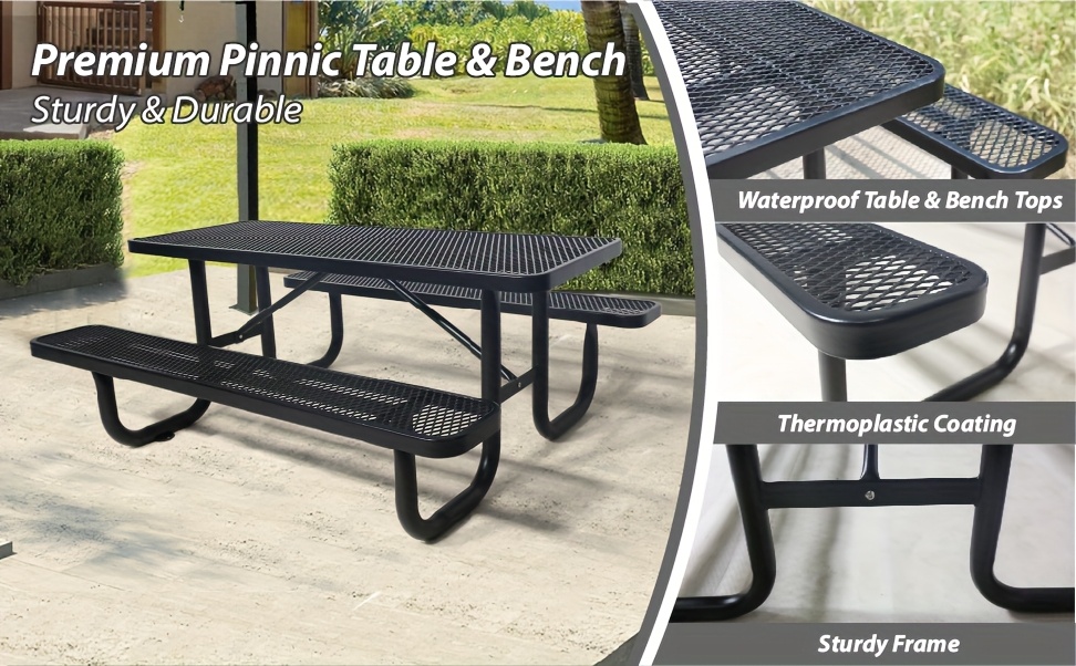 4/6FT Heavy-Duty Metal Picnic Tables For Outdoor, Rectangular Commercial 4-6-Person Picnic Tables With Bench, Expanded Picnic Table And Bench Set, Outside Furniture Set For Yard, Outside, Garden, Backyard, Porch, Patio, Lawn, Black, Weather Resistant